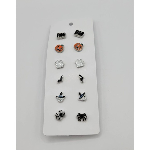 Lot Of 6 Pairs Of Halloween Theme Stud Earrings Boo Spider Pumpkin Ghost Bat - Picture 1 of 6